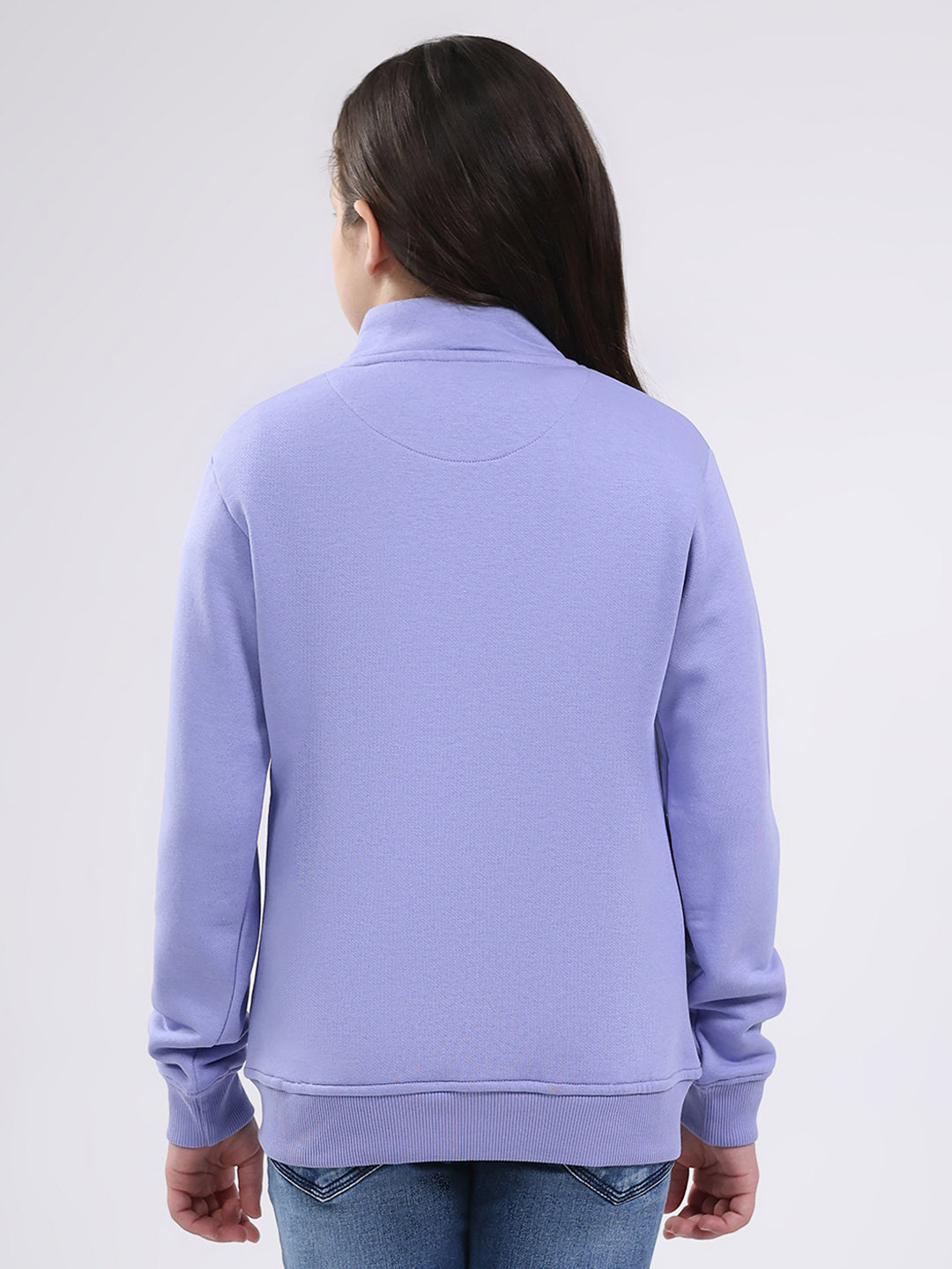 Girls Purple Printed Mock Neck Full Sleeve Sweatshirt