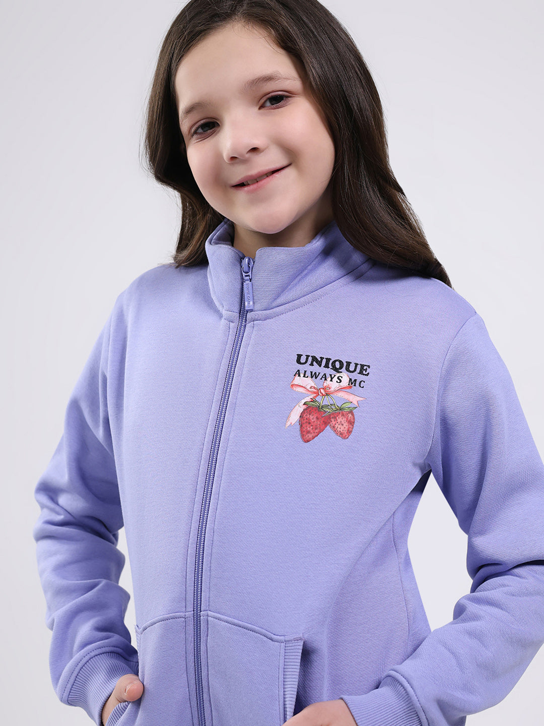 Girls Purple Printed Mock Neck Full Sleeve Sweatshirt