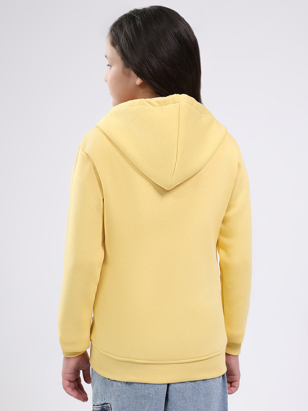 Girls Yellow Printed Hooded Full Sleeve Sweatshirt