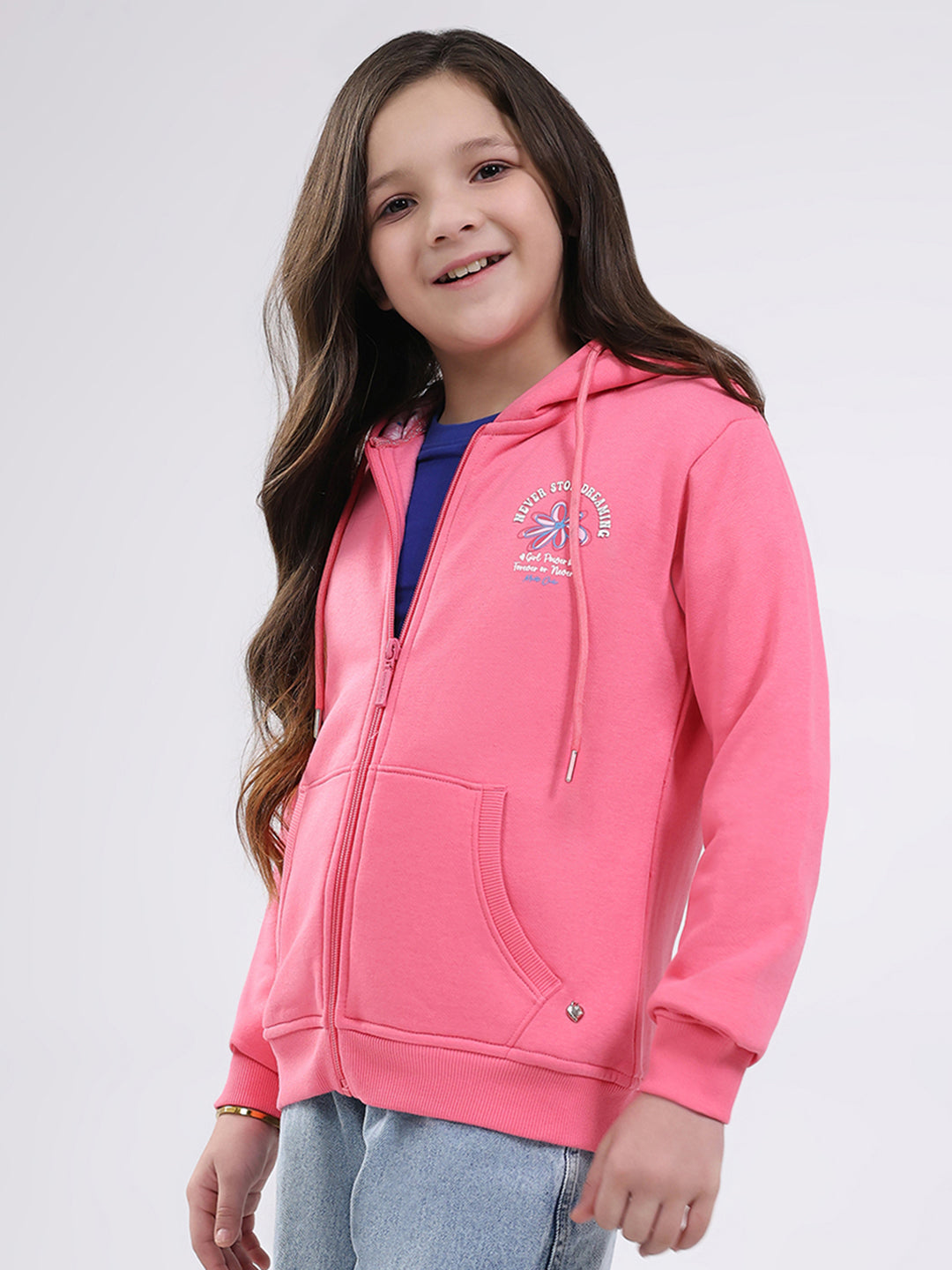 Girls Pink Printed Hooded Full Sleeve Sweatshirt
