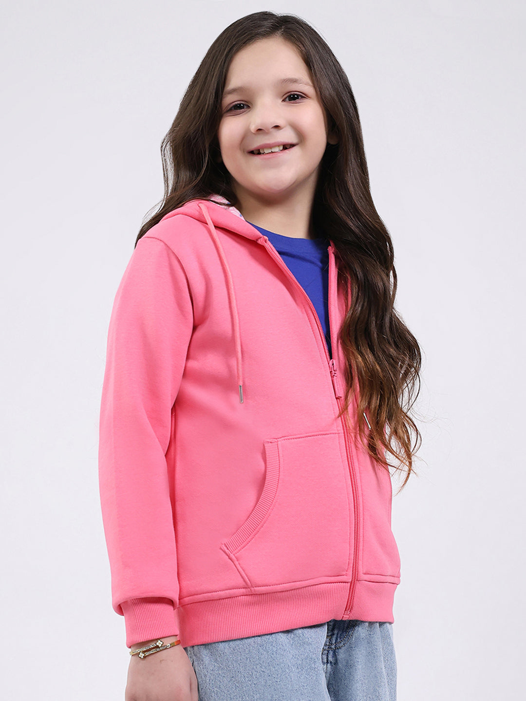 Girls Pink Printed Hooded Full Sleeve Sweatshirt