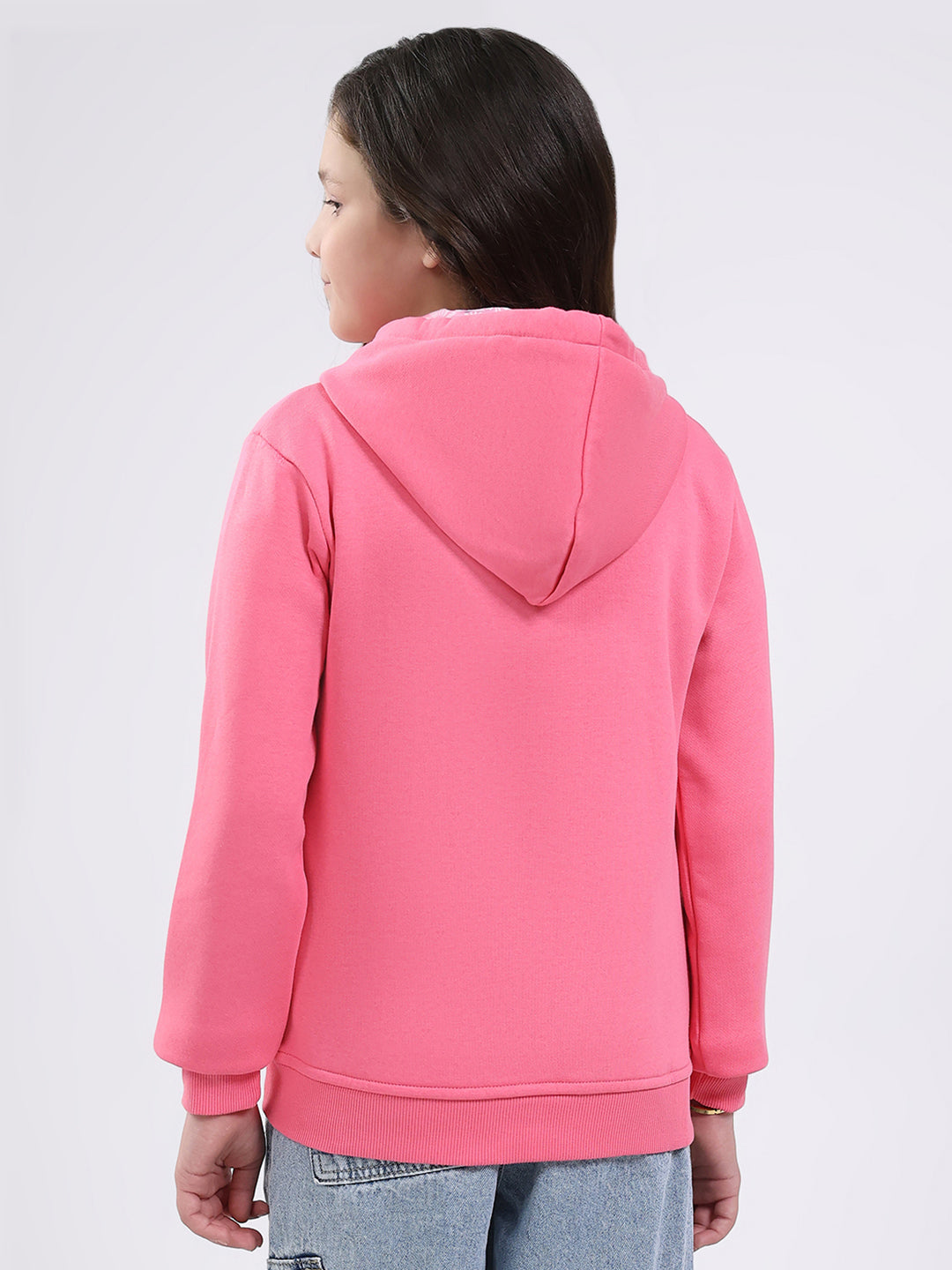 Girls Pink Printed Hooded Full Sleeve Sweatshirt