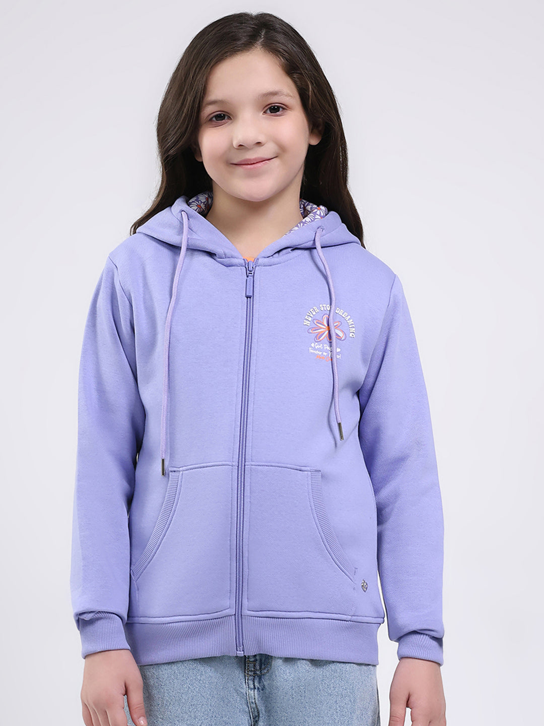 Girls Blue Printed Hooded Full Sleeve Sweatshirt
