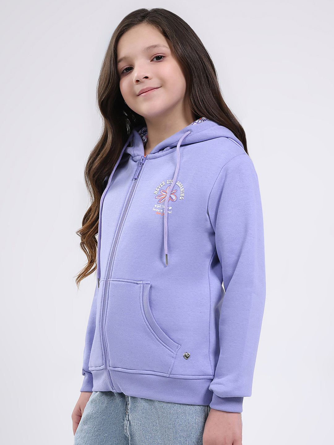 Girls Blue Printed Hooded Full Sleeve Sweatshirt