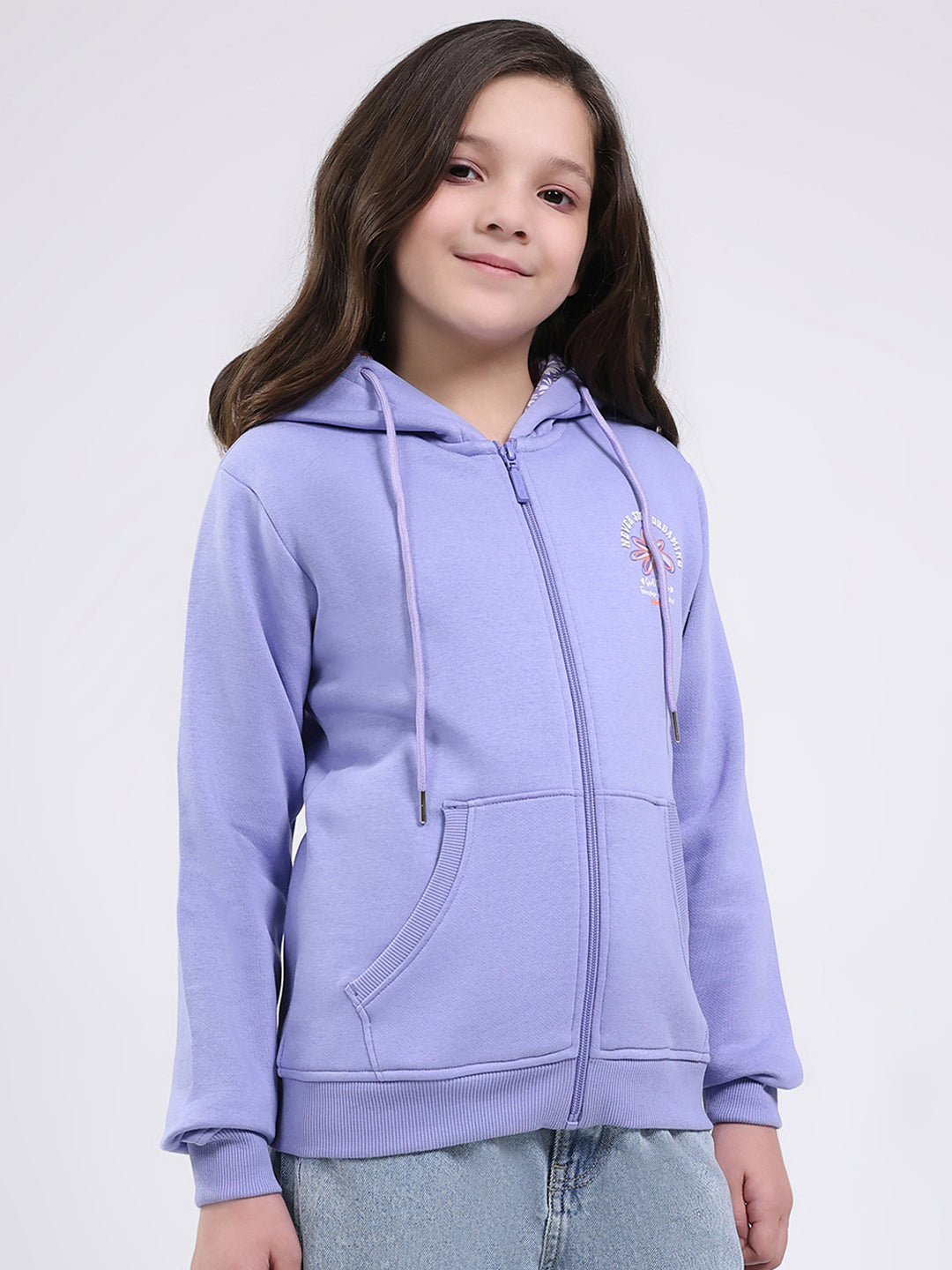 Girls Blue Printed Hooded Full Sleeve Sweatshirt