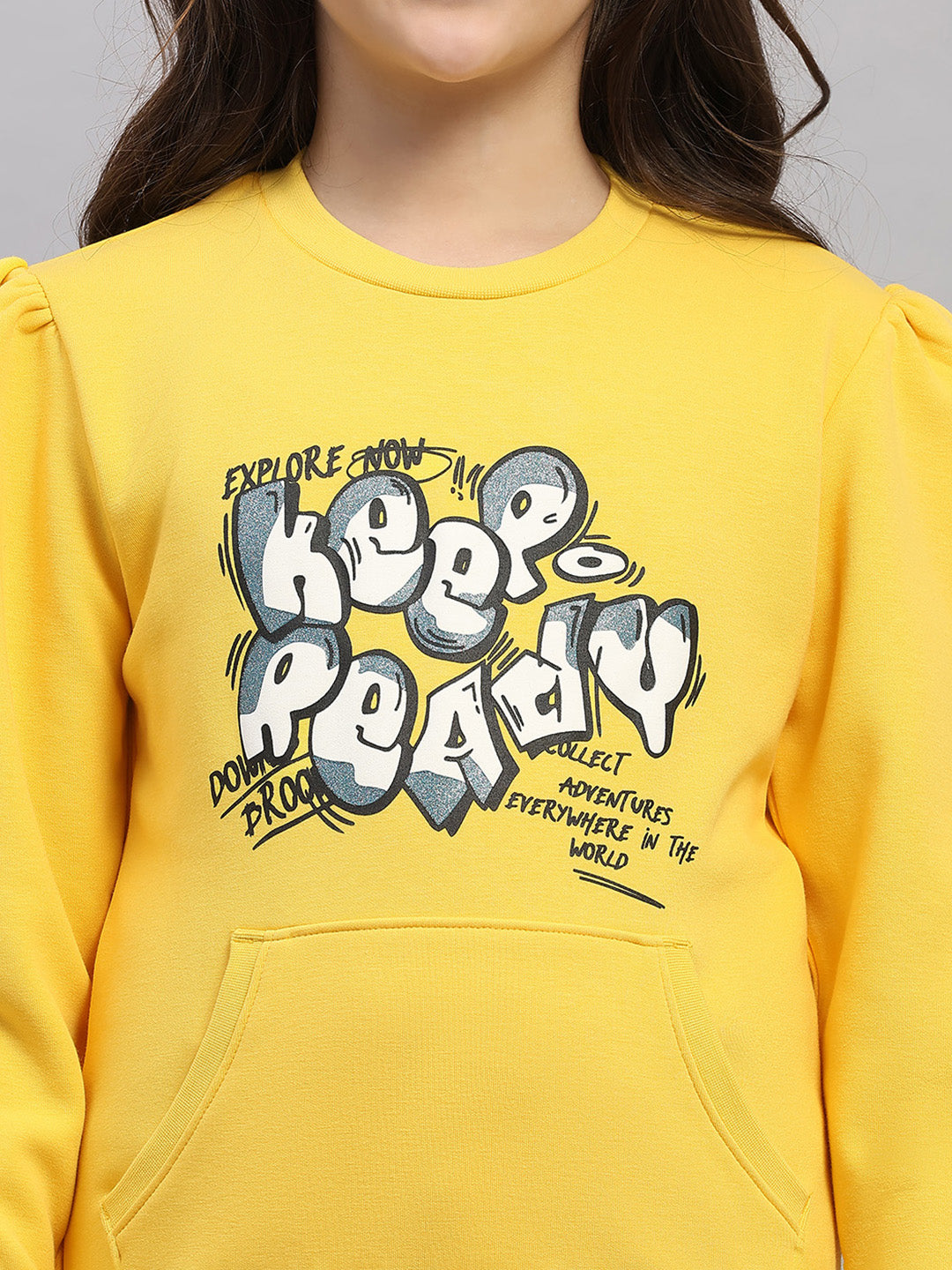 Girls Yellow Printed Round Neck Full Sleeve Sweatshirt