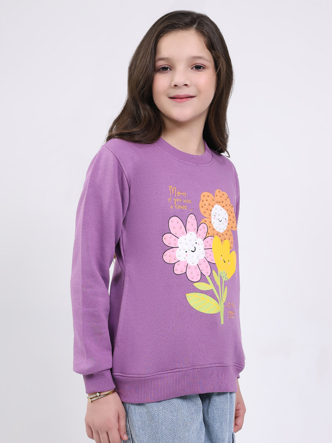 Girls Purple Printed Round Neck Full Sleeve Sweatshirt