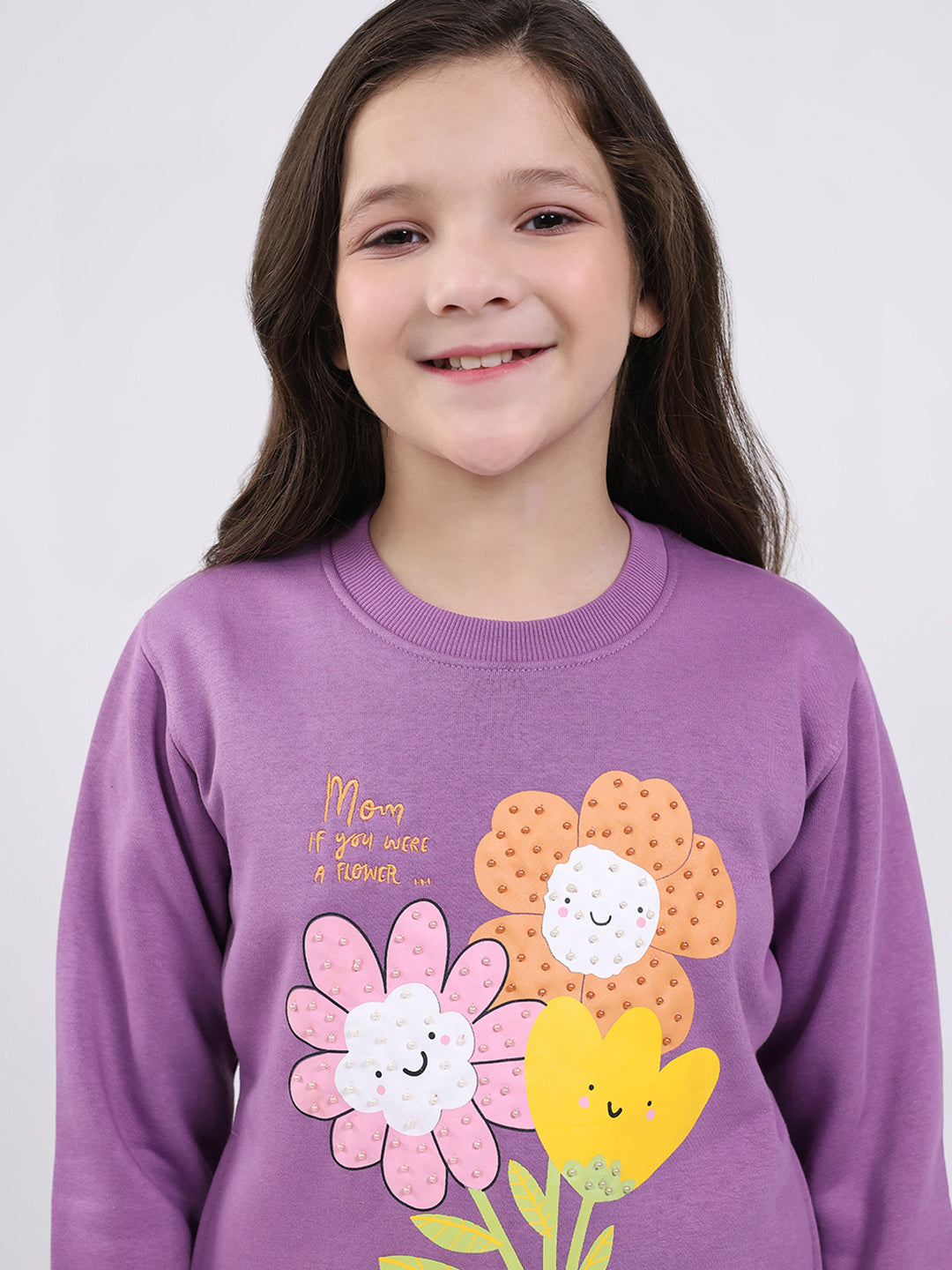 Girls Purple Printed Round Neck Full Sleeve Sweatshirt