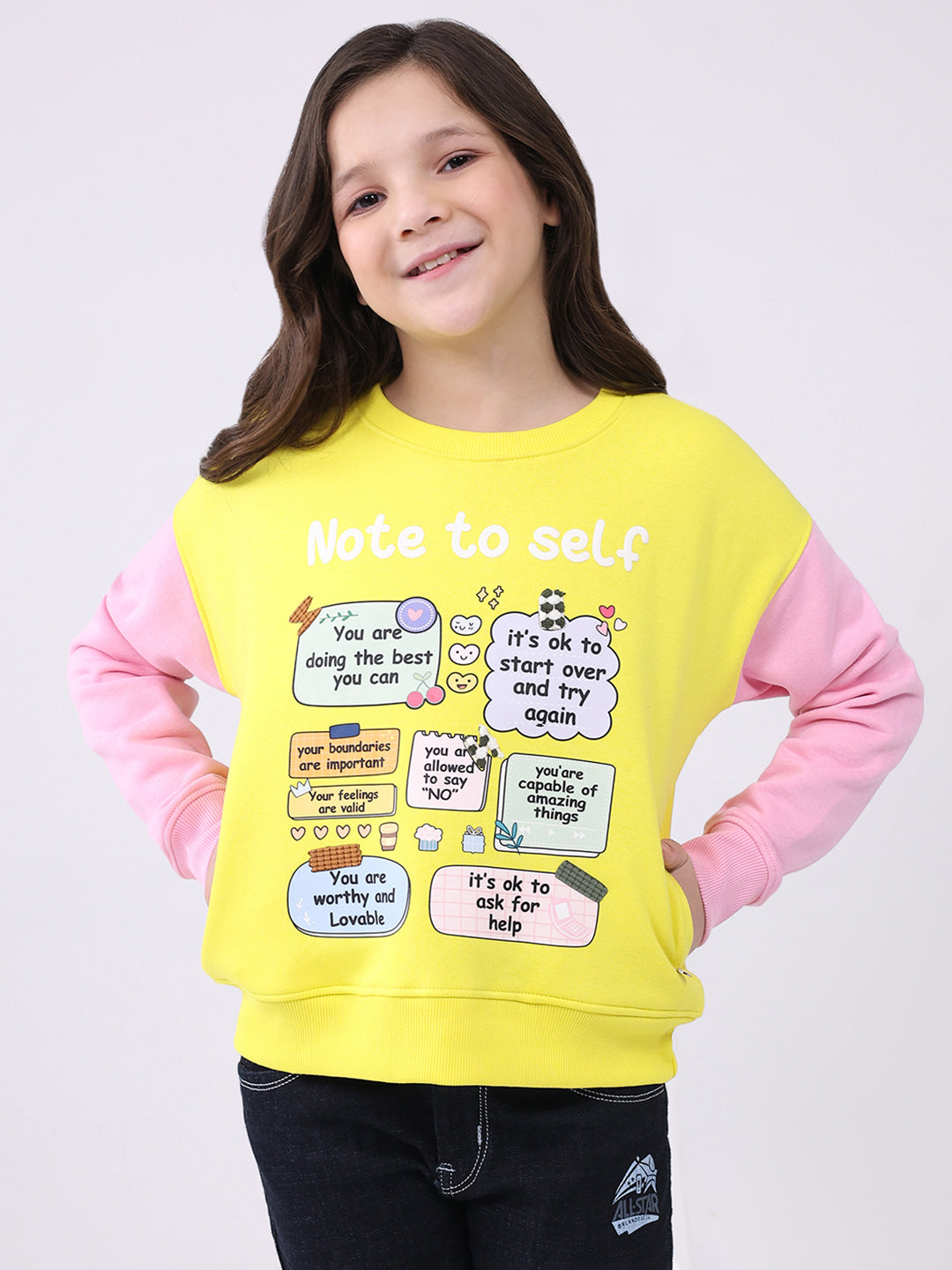 Girls Yellow Printed Round Neck Full Sleeve Sweatshirt