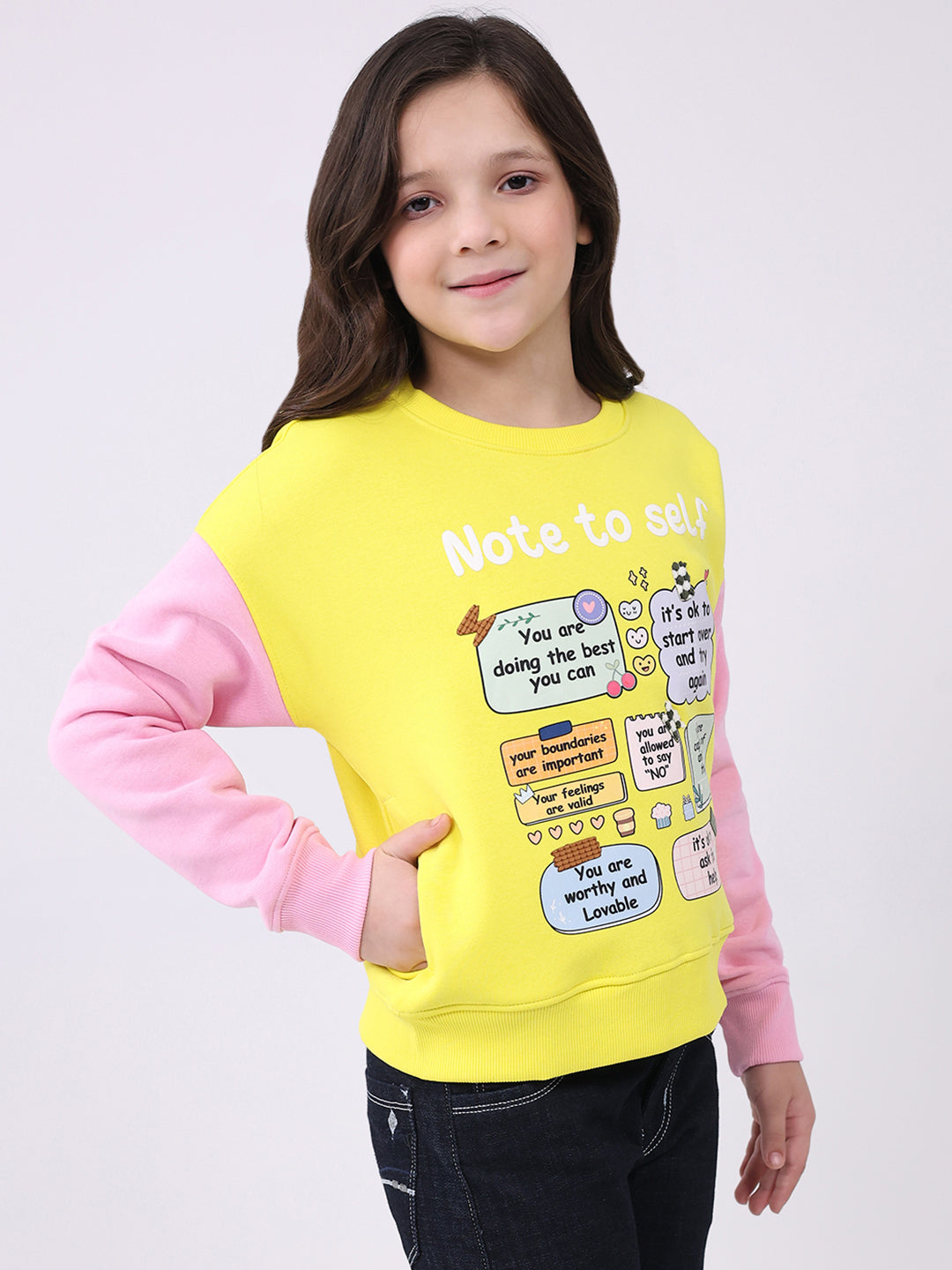 Girls Yellow Printed Round Neck Full Sleeve Sweatshirt