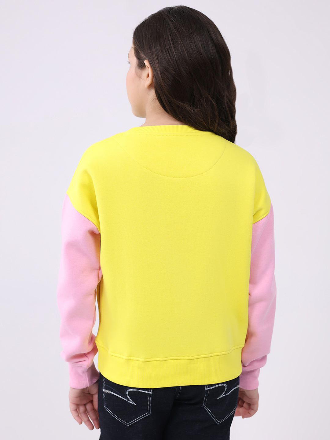 Girls Yellow Printed Round Neck Full Sleeve Sweatshirt