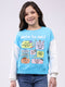 Girls Turquoise Blue Printed Round Neck Full Sleeve Sweatshirt