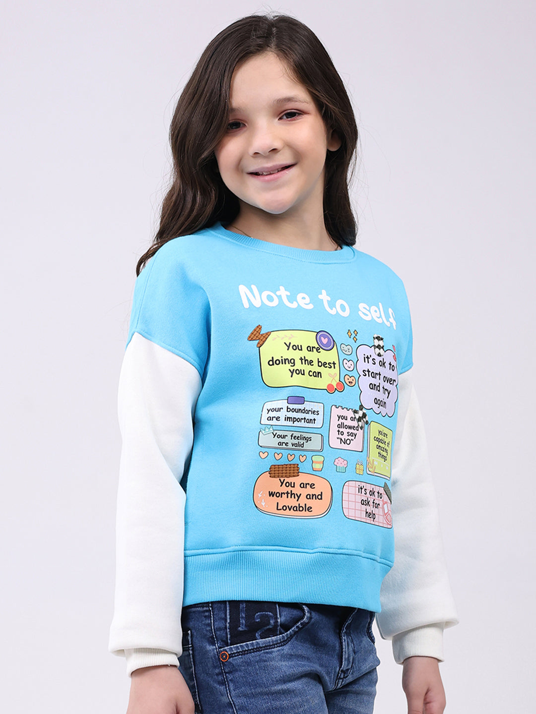 Girls Turquoise Blue Printed Round Neck Full Sleeve Sweatshirt