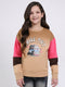 Girls Brown Printed Round Neck Full Sleeve Sweatshirt