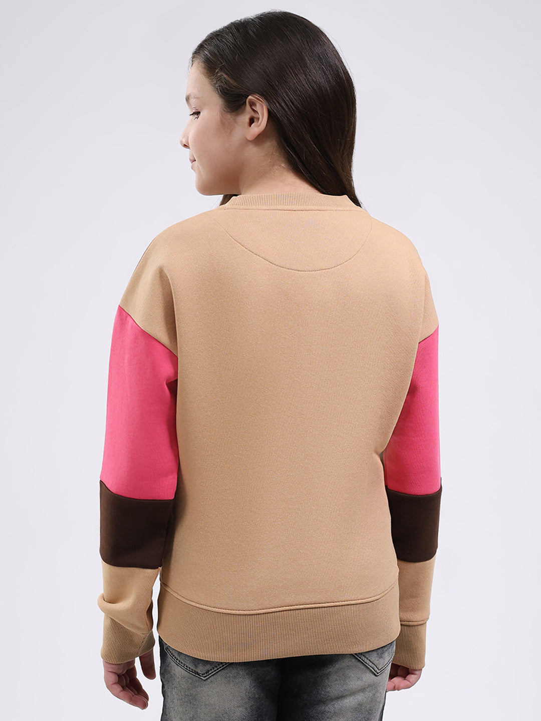 Girls Brown Printed Round Neck Full Sleeve Sweatshirt