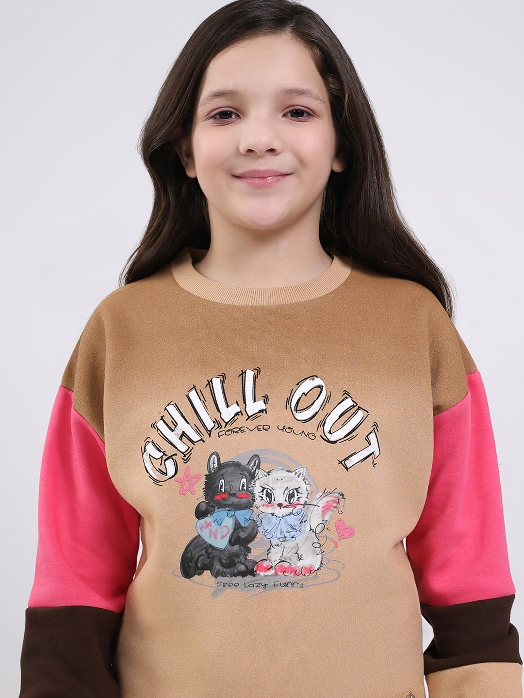Girls Brown Printed Round Neck Full Sleeve Sweatshirt