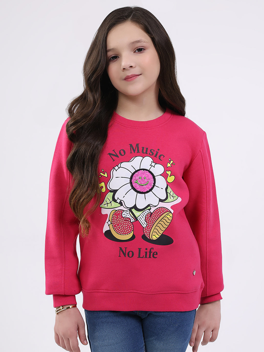 Girls Magenta Printed Round Neck Full Sleeve Sweatshirt