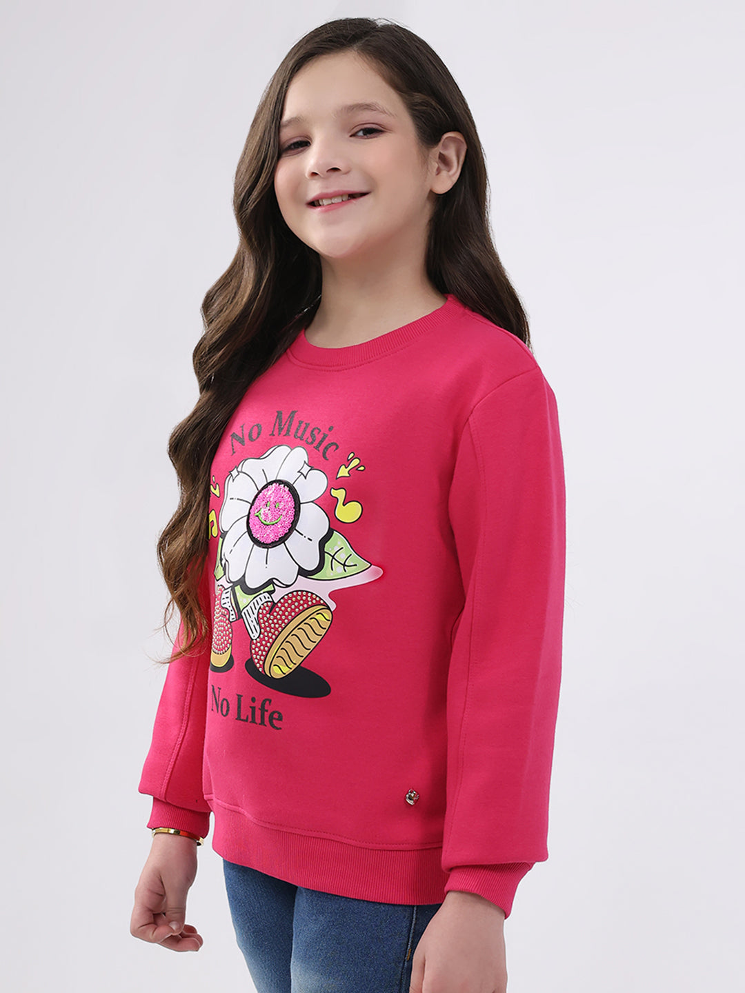 Girls Magenta Printed Round Neck Full Sleeve Sweatshirt