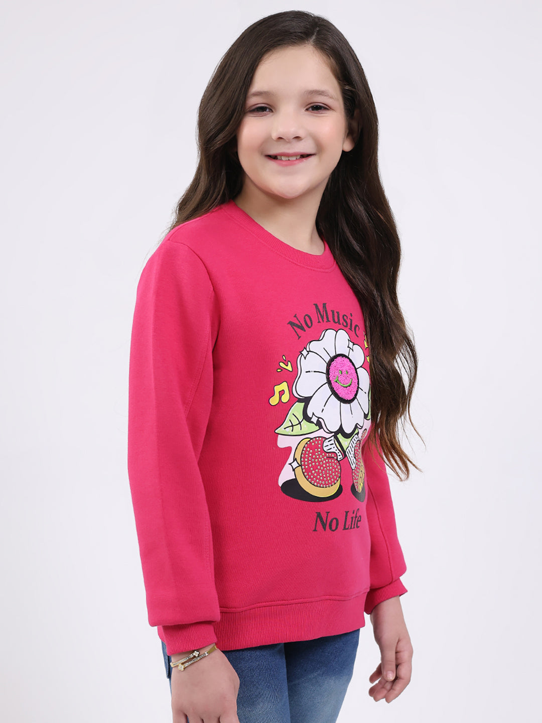 Girls Magenta Printed Round Neck Full Sleeve Sweatshirt