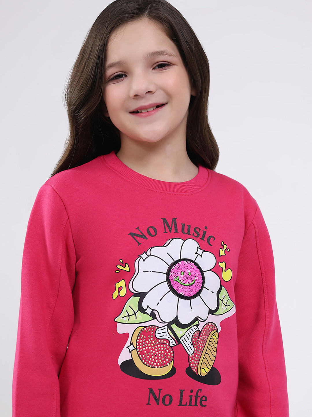 Girls Magenta Printed Round Neck Full Sleeve Sweatshirt
