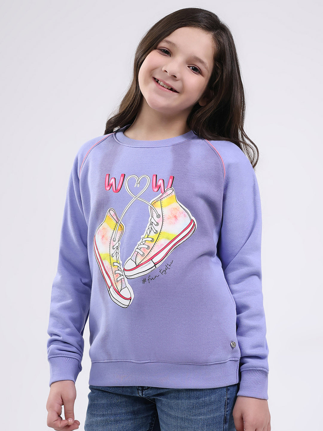 Girls Purple Printed Round Neck Full Sleeve Sweatshirt