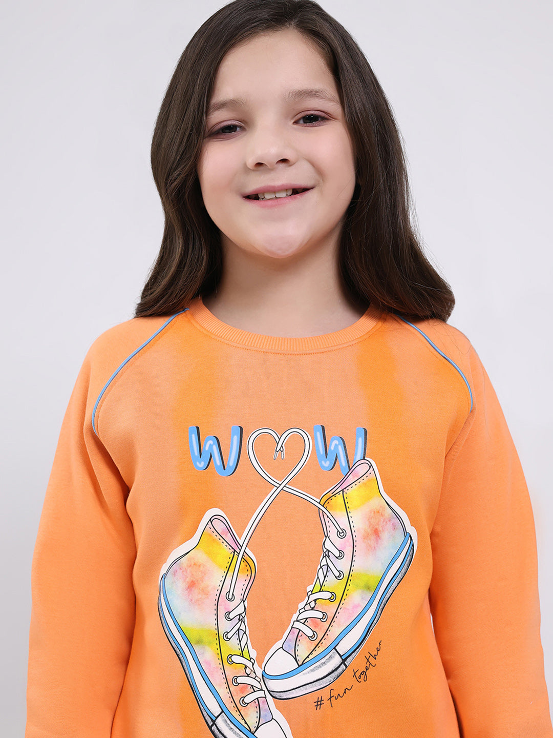 Girls Orange Printed Round Neck Full Sleeve Sweatshirt