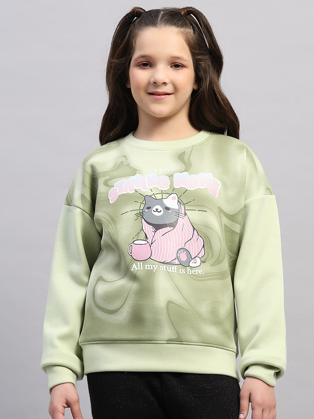 Girls Green Printed Round Neck Full Sleeve Sweatshirt