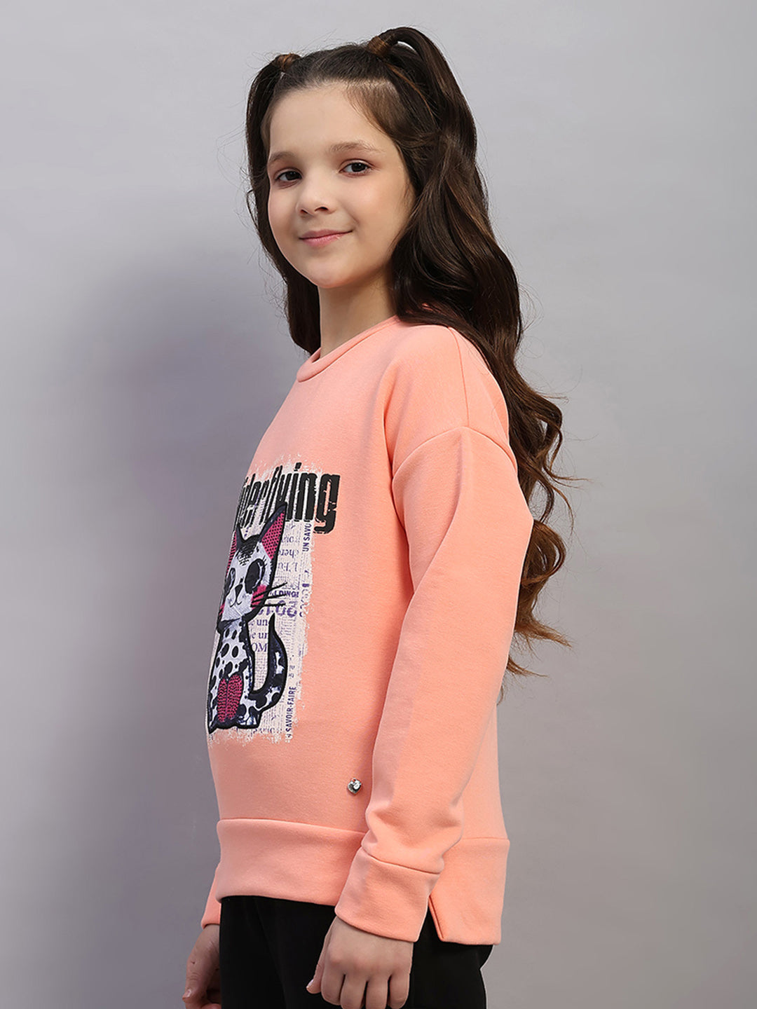 Girls Peach Printed Round Neck Full Sleeve Sweatshirt