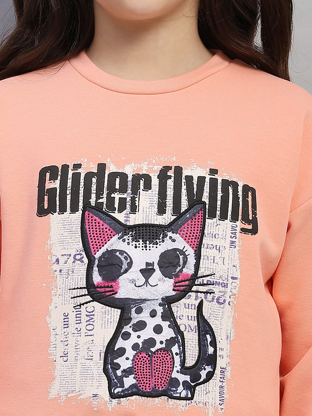 Girls Peach Printed Round Neck Full Sleeve Sweatshirt