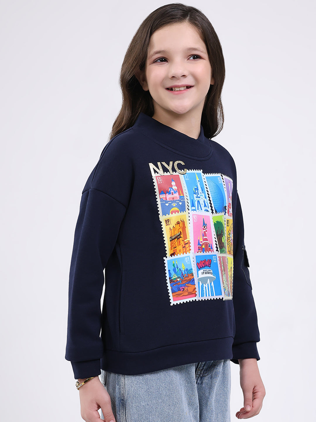 Girls Navy Blue Printed Mock Neck Full Sleeve Sweatshirt