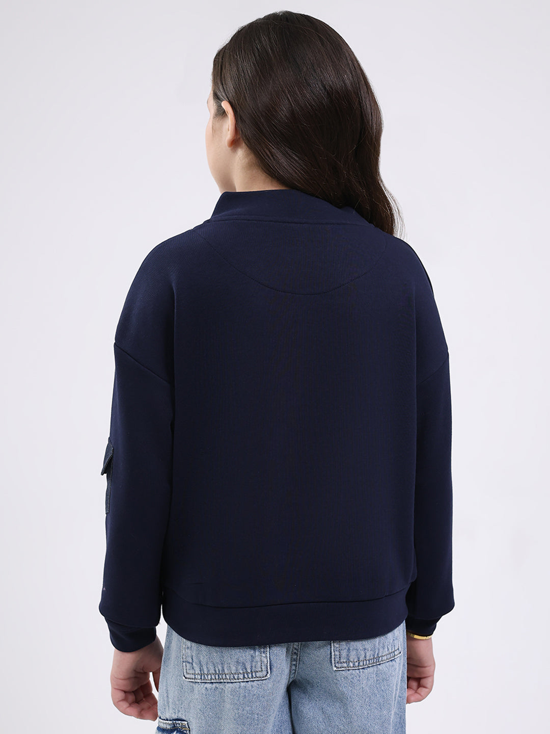 Girls Navy Blue Printed Mock Neck Full Sleeve Sweatshirt