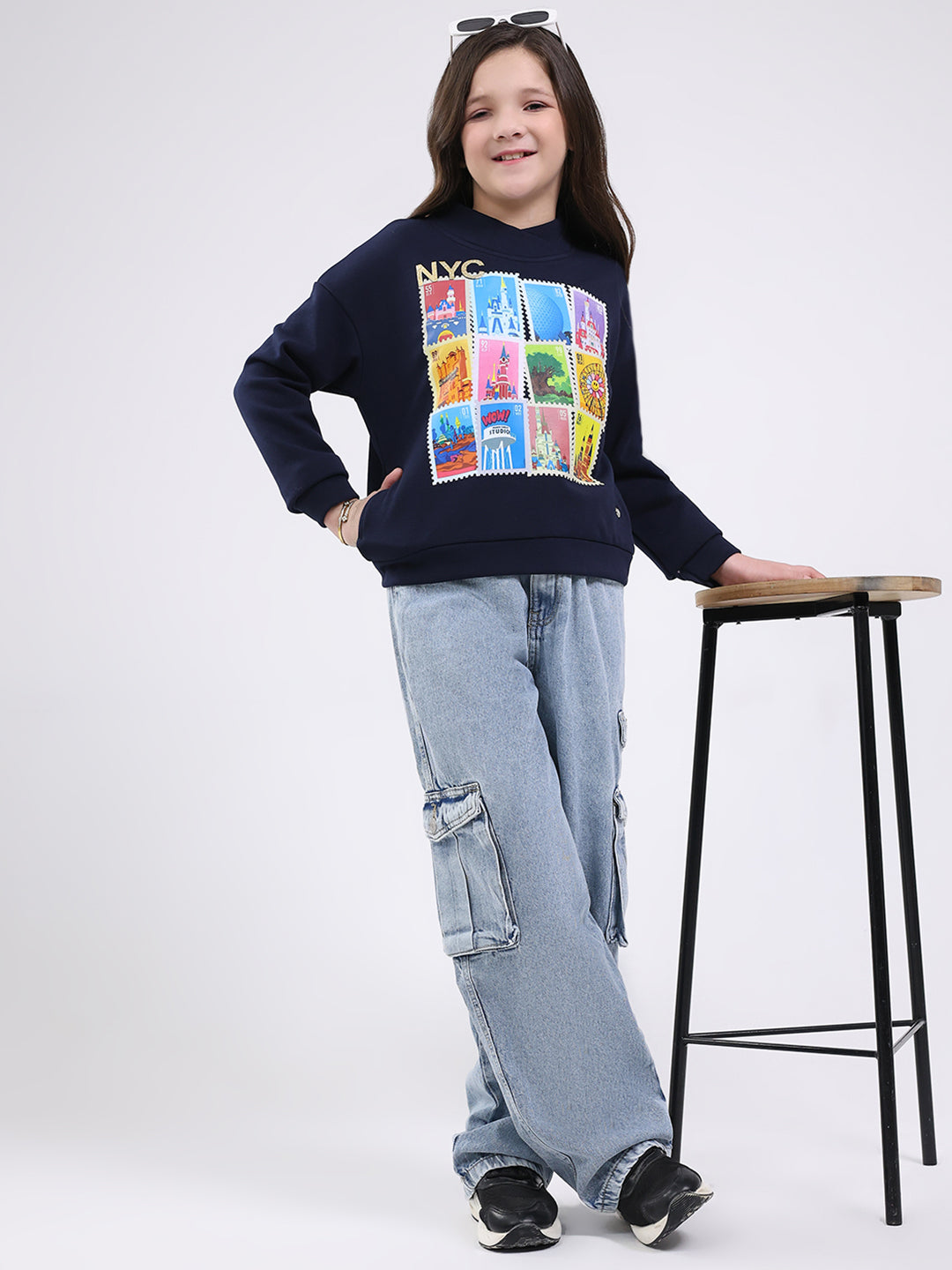 Girls Navy Blue Printed Mock Neck Full Sleeve Sweatshirt