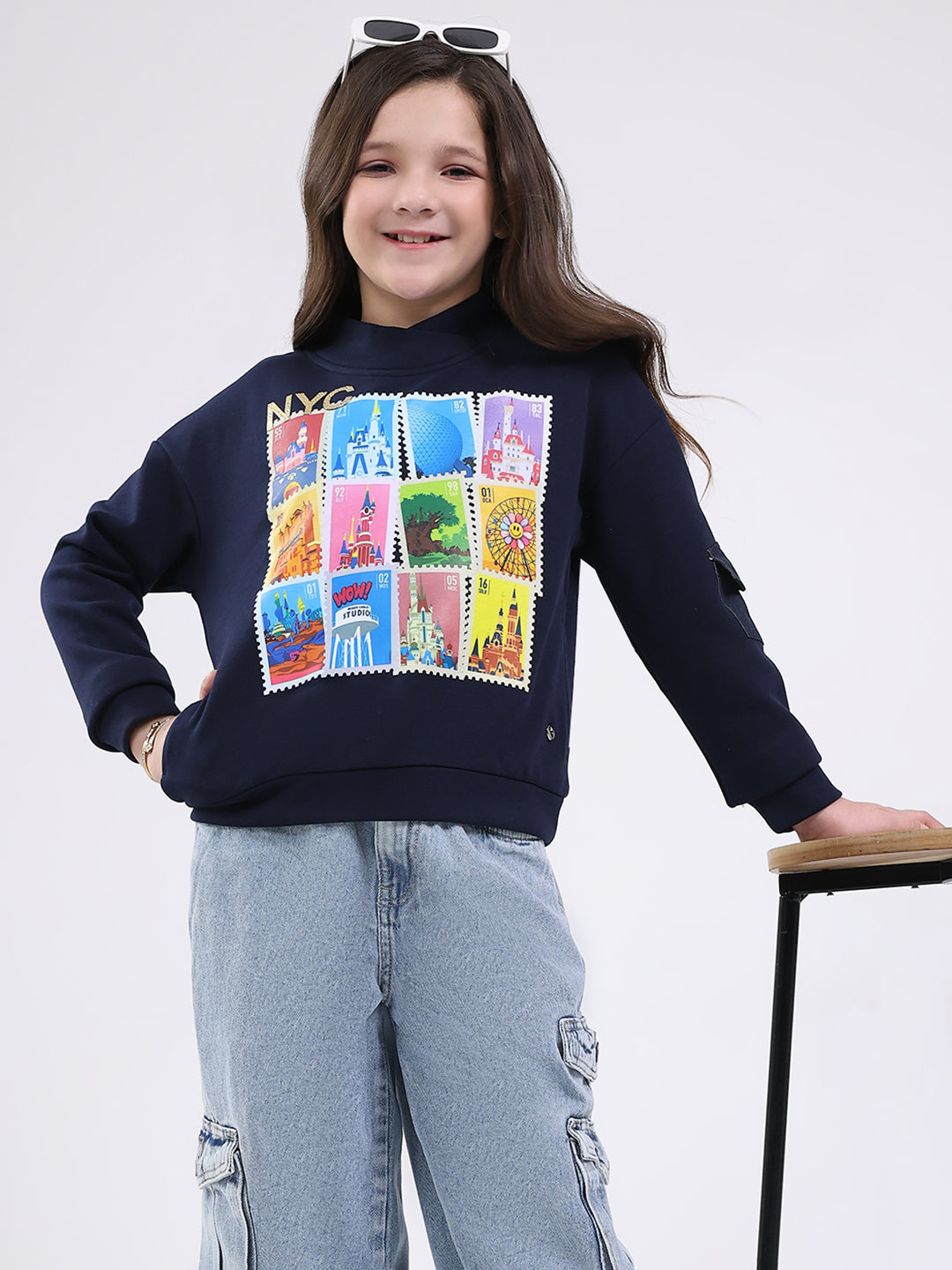 Girls Navy Blue Printed Mock Neck Full Sleeve Sweatshirt