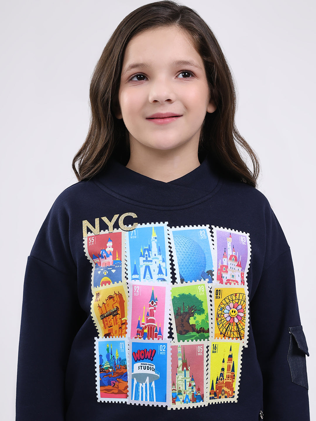 Girls Navy Blue Printed Mock Neck Full Sleeve Sweatshirt