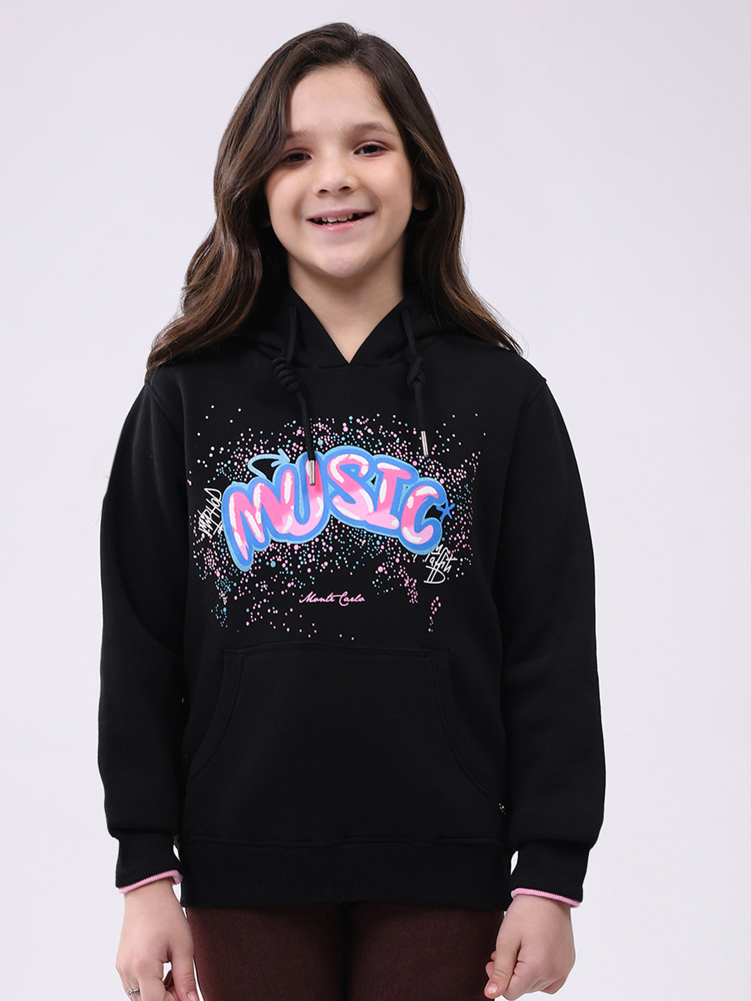 Girls Black Printed Hooded Full Sleeve Sweatshirt
