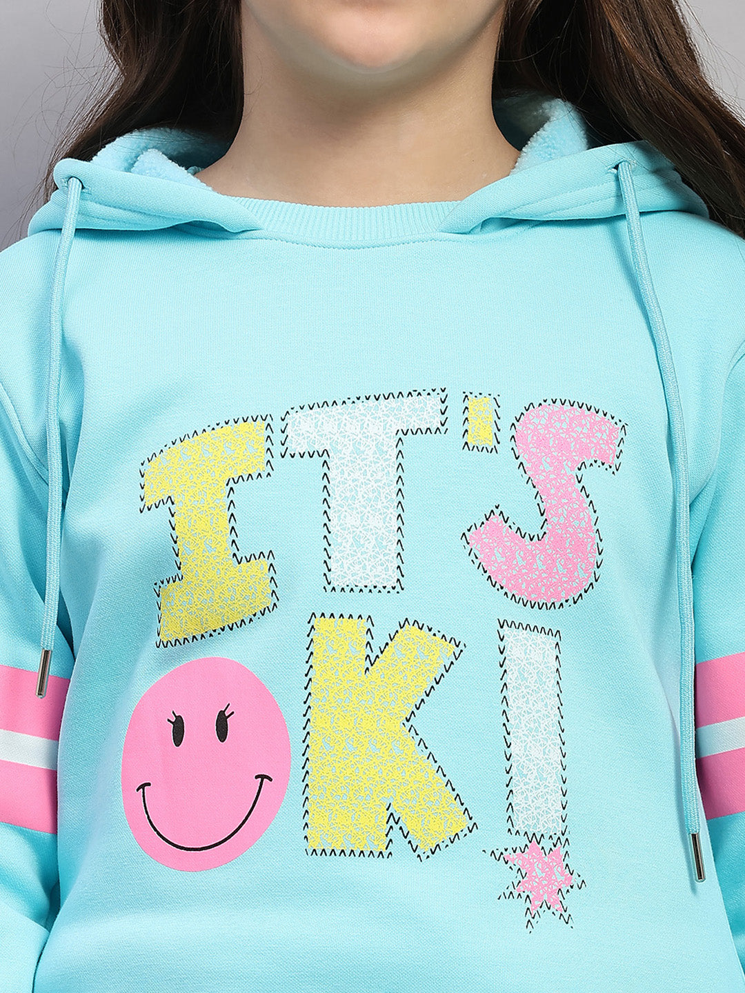 Girls Blue Printed Hooded Full Sleeve Sweatshirt