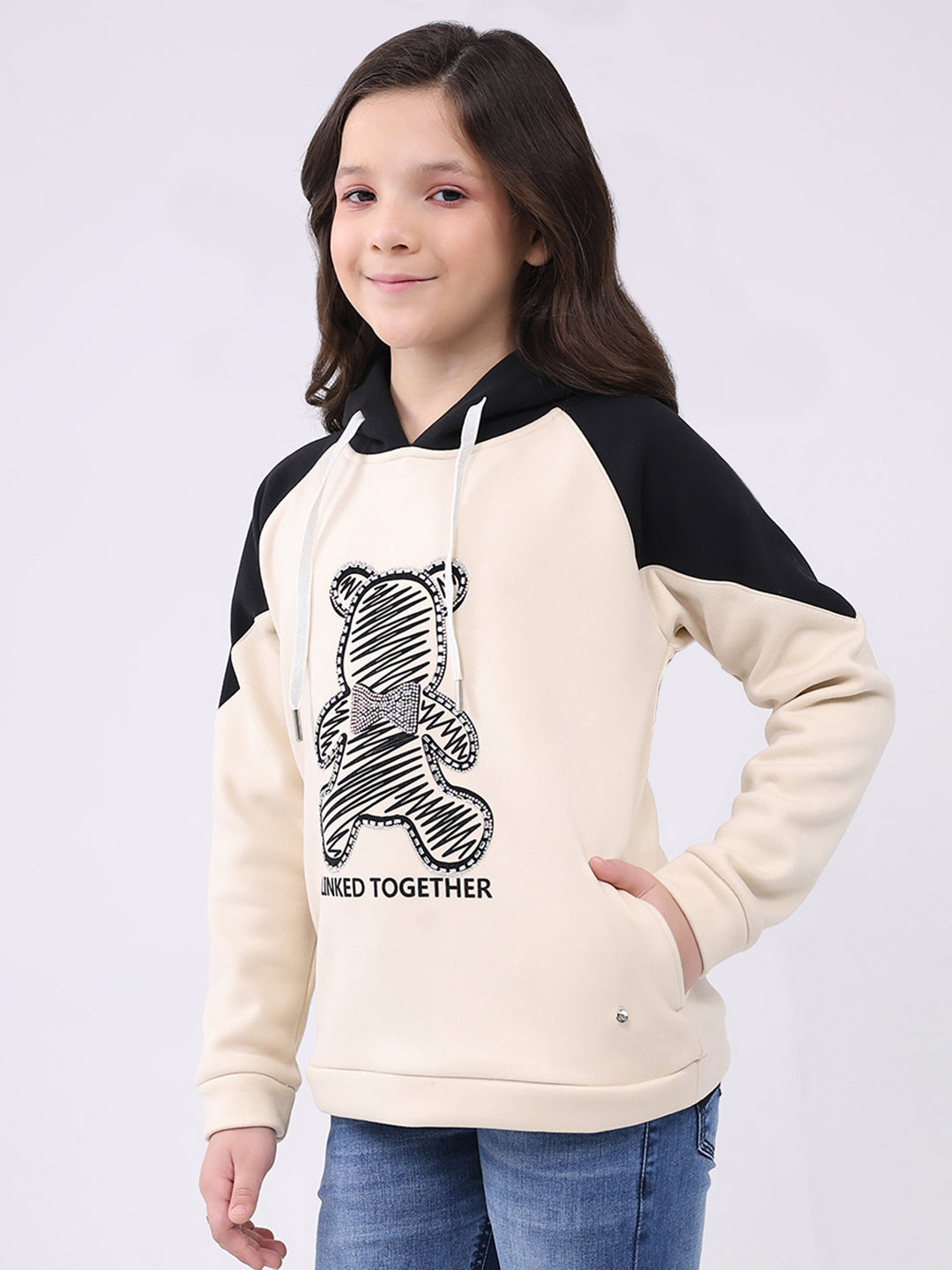 Girls Cream Printed Hooded Full Sleeve Sweatshirt