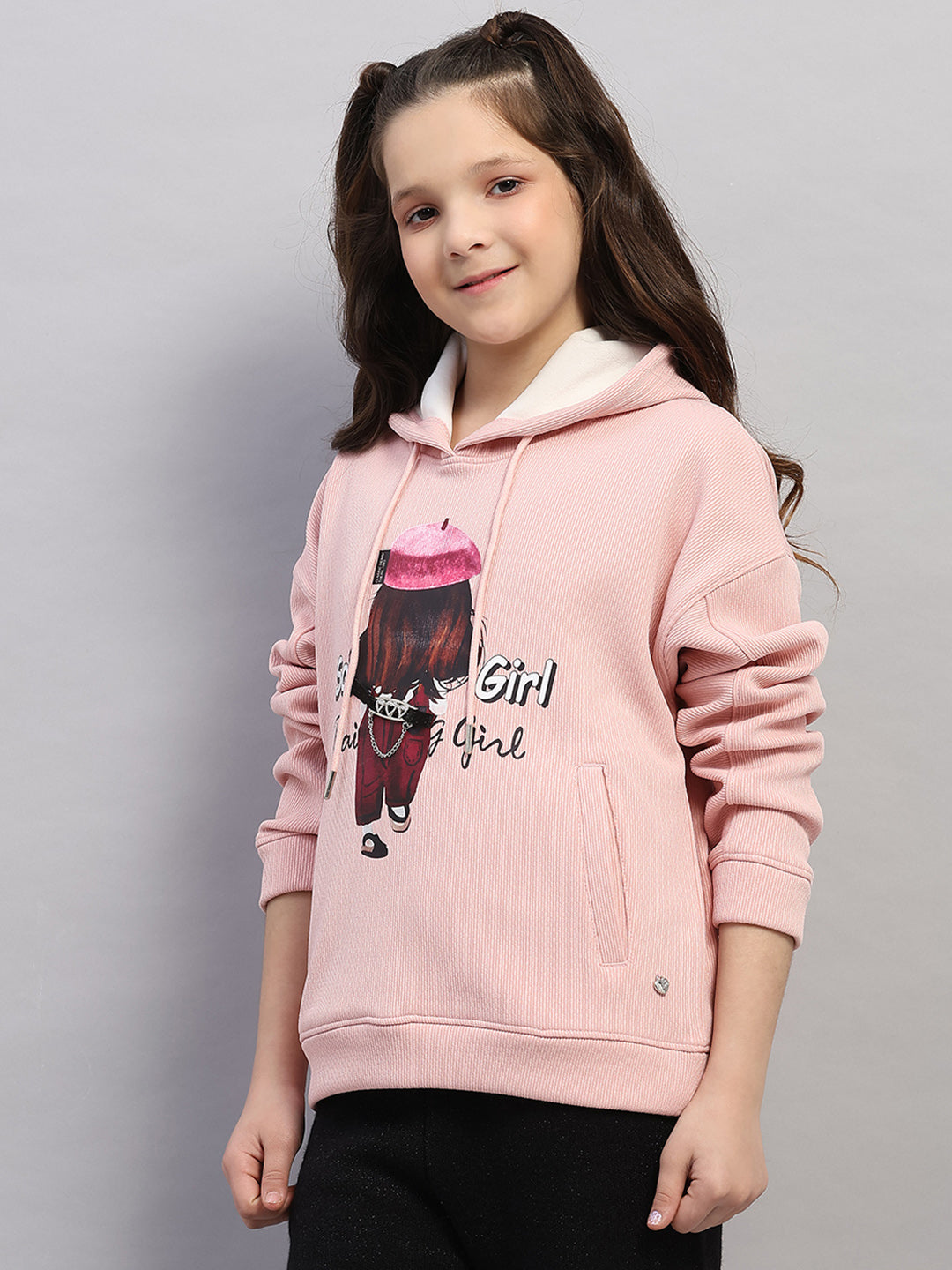 Girls Pink Printed Hooded Full Sleeve Sweatshirt