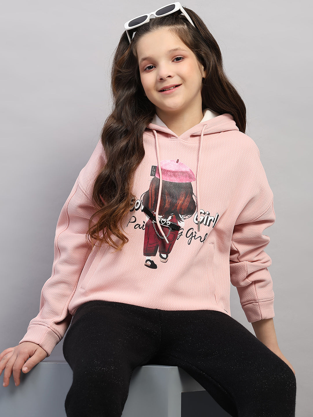 Girls Pink Printed Hooded Full Sleeve Sweatshirt