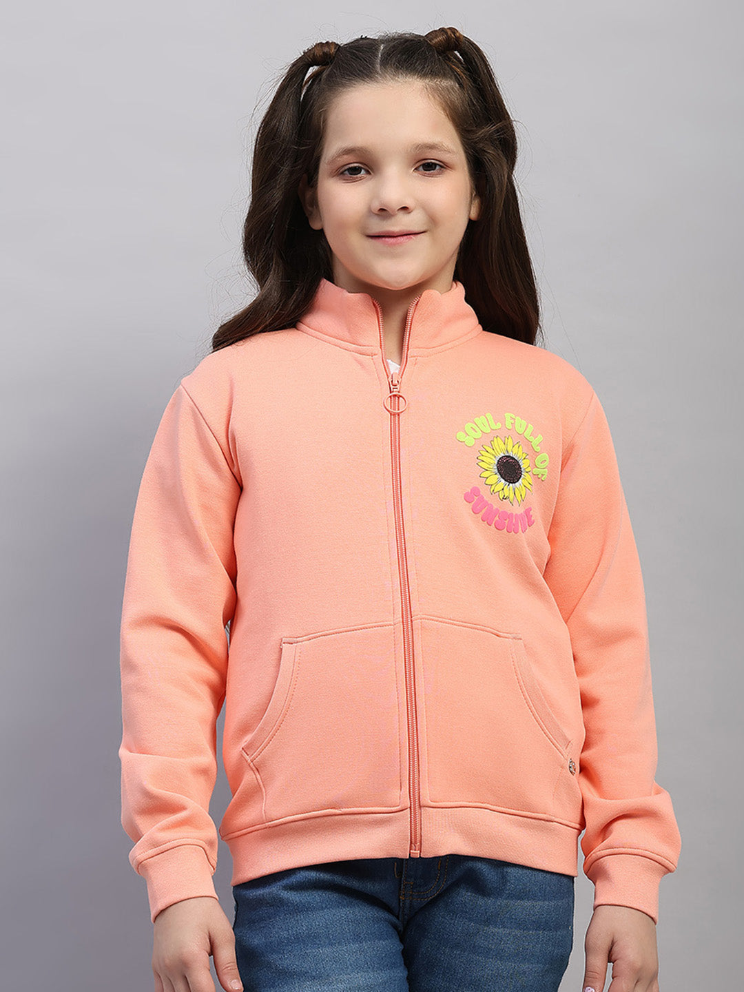 Girls Peach Printed Mock Neck Full Sleeve Sweatshirt
