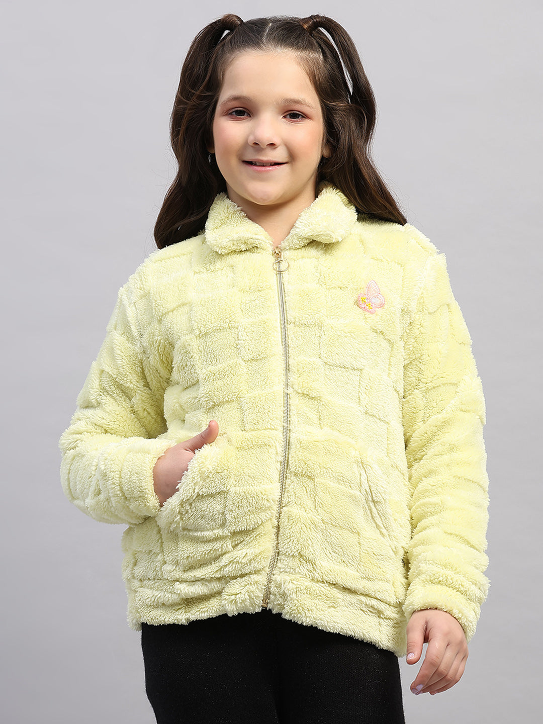 Girls Lime Green Self Design Collar Full Sleeve Sweatshirt