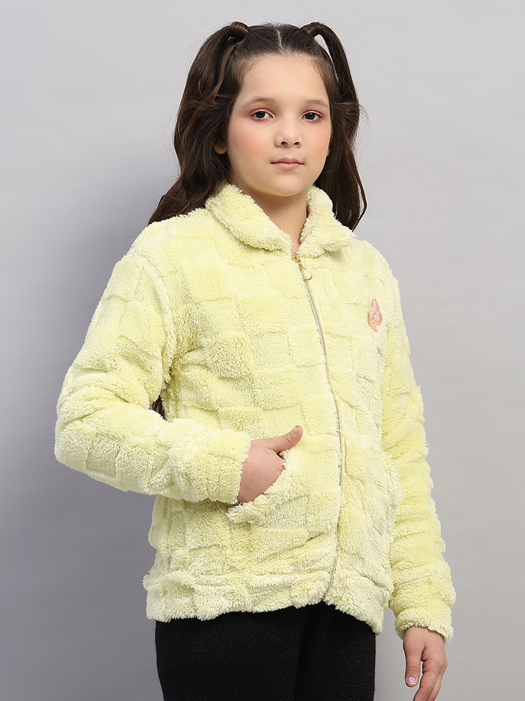 Girls Lime Green Self Design Collar Full Sleeve Sweatshirt