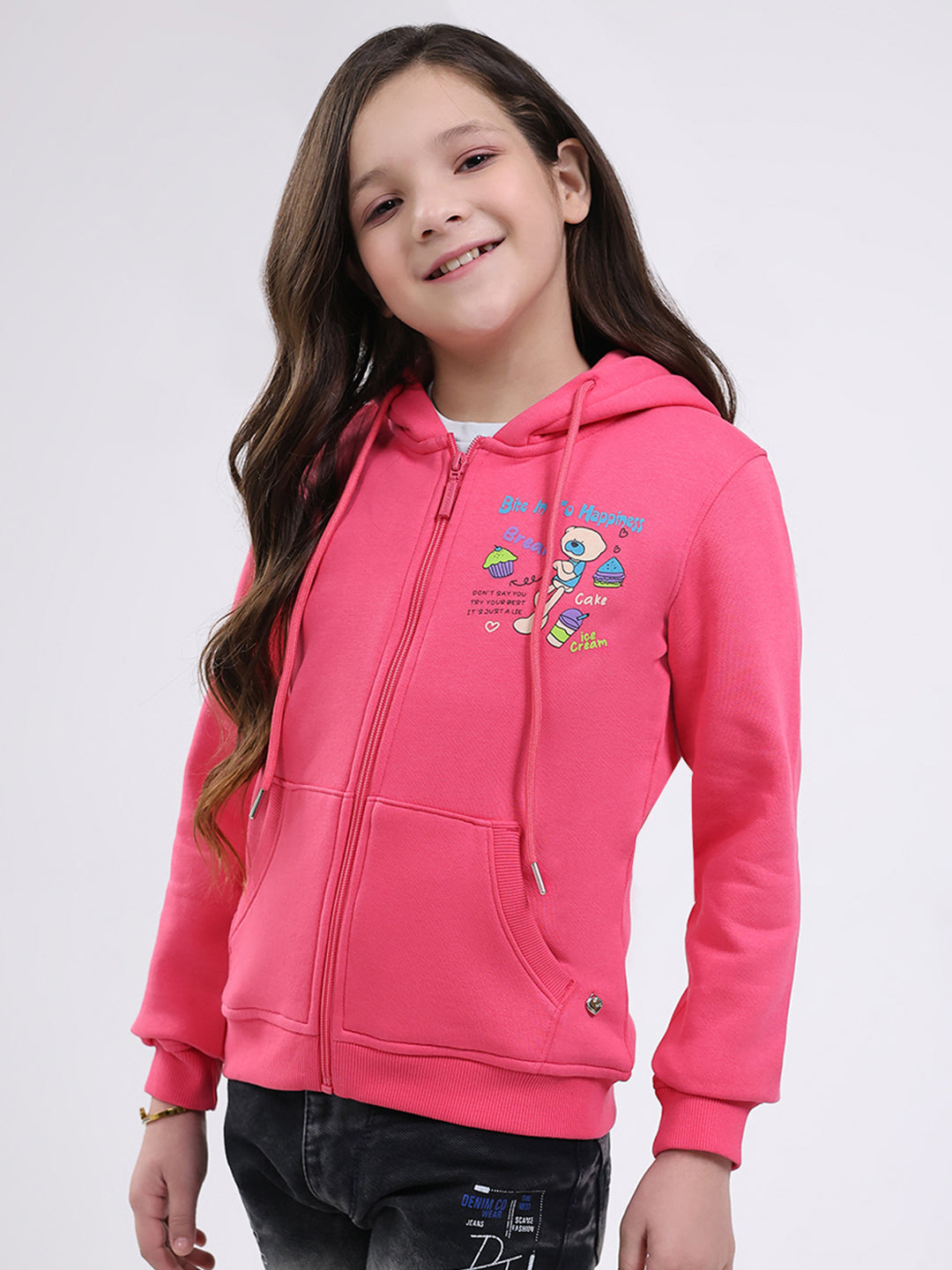 Girls Pink Printed Hooded Full Sleeve Sweatshirt