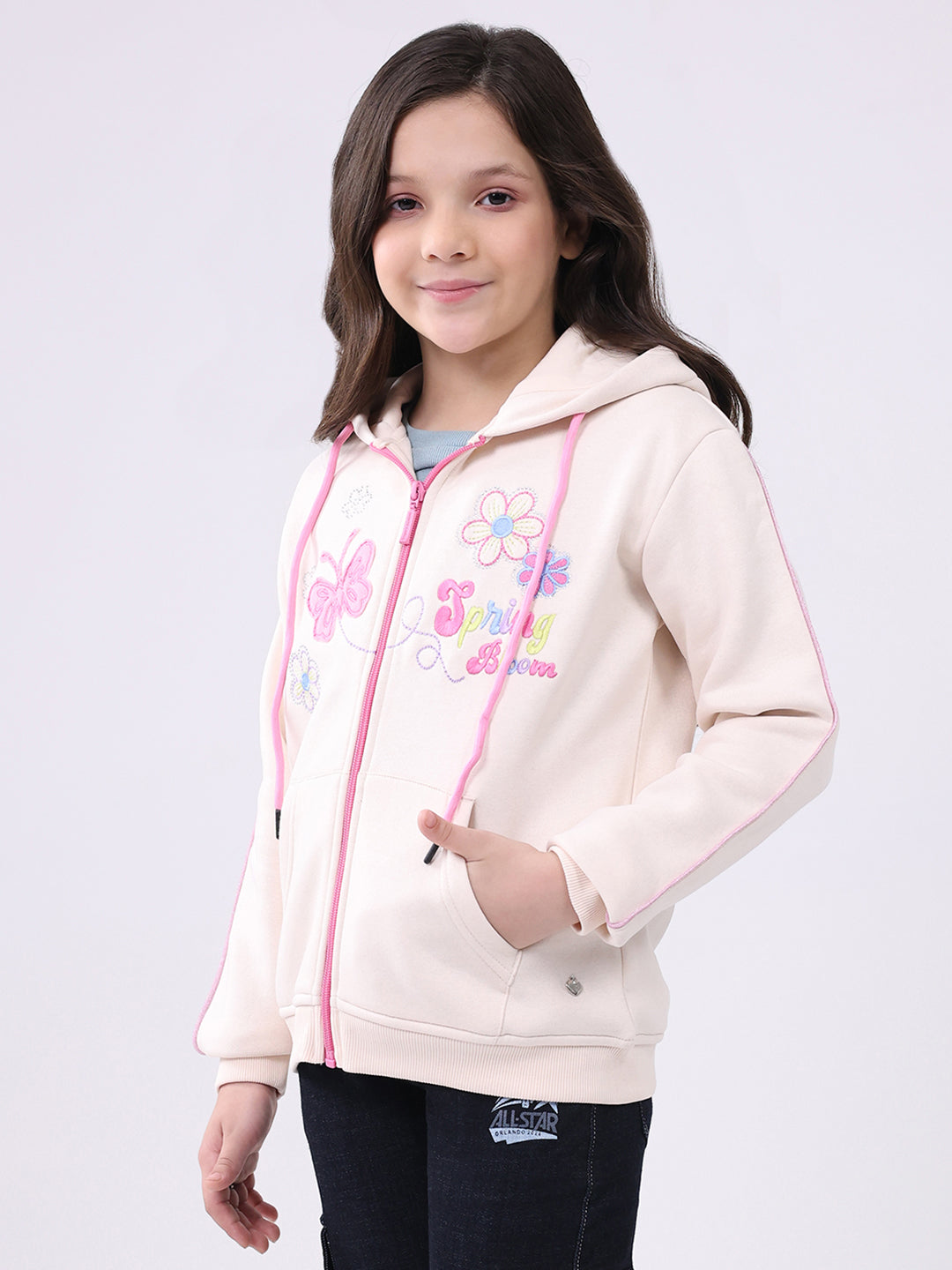 Girls Cream Self Design Hooded Full Sleeve Sweatshirt