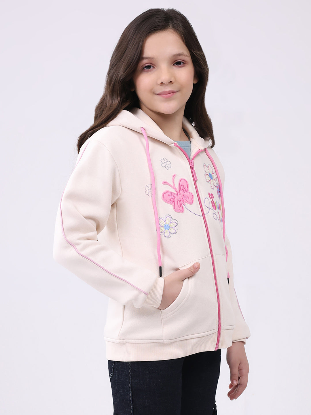 Girls Cream Self Design Hooded Full Sleeve Sweatshirt