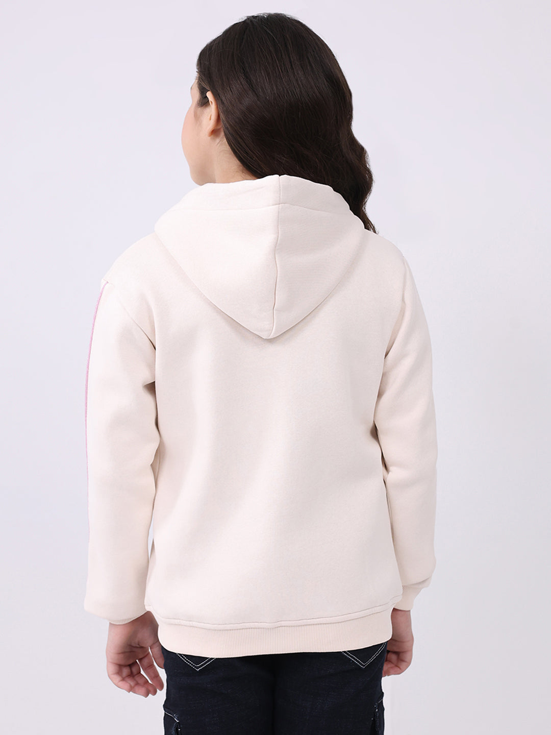 Girls Cream Self Design Hooded Full Sleeve Sweatshirt