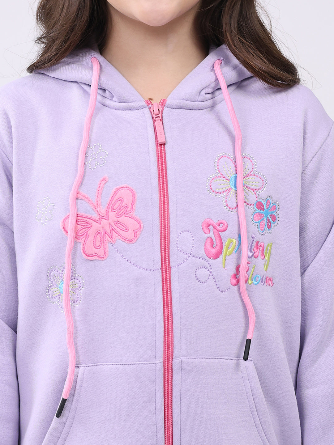 Girls Purple Self Design Hooded Full Sleeve Sweatshirt