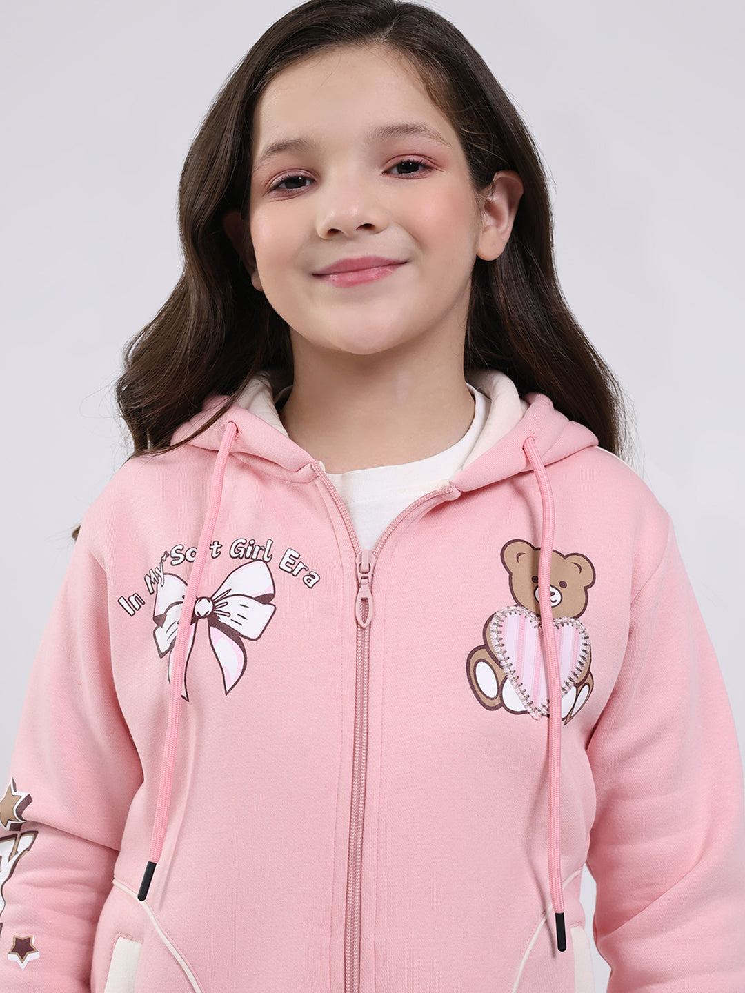 Girls Peach Printed Hooded Full Sleeve Sweatshirt