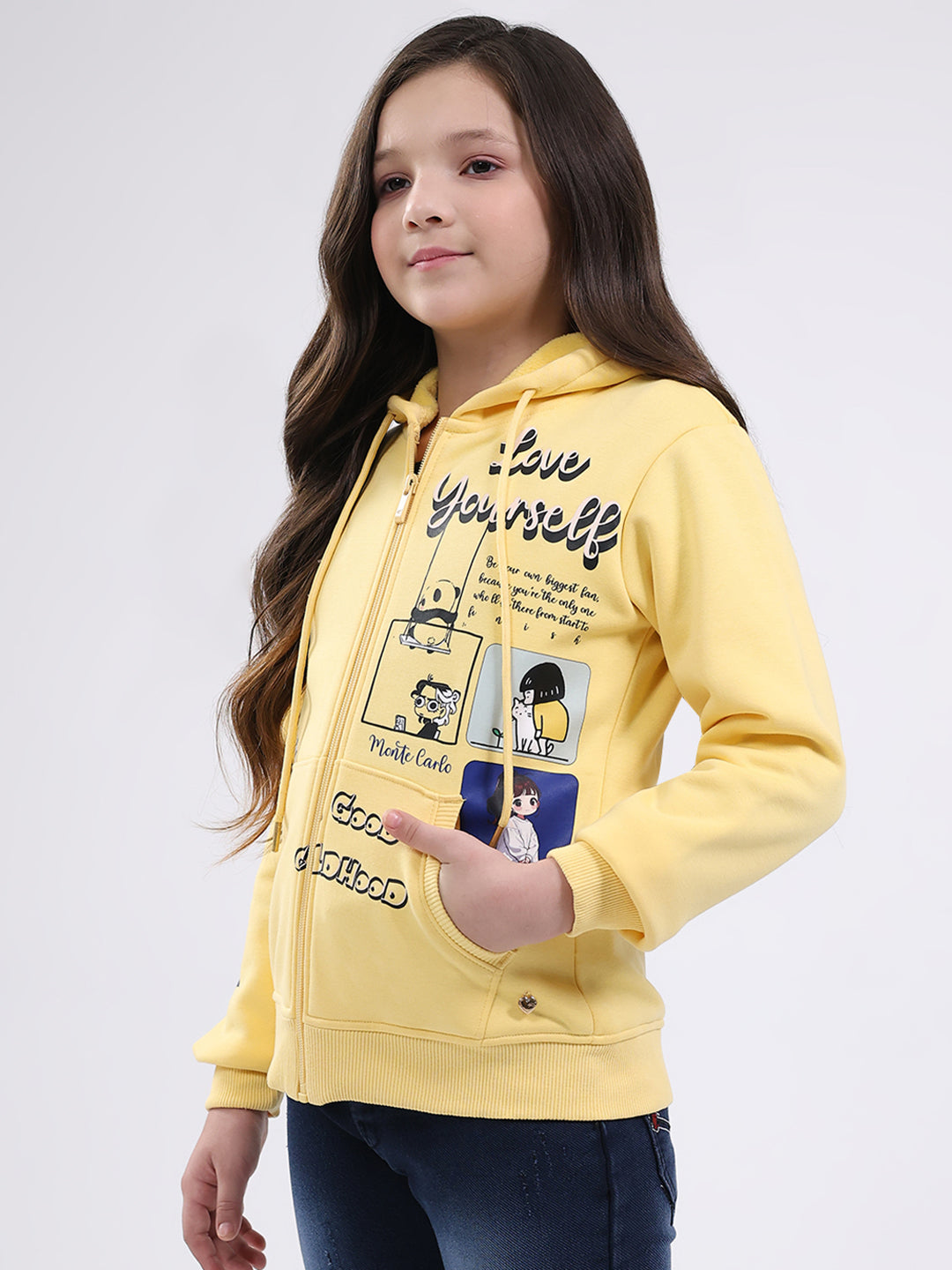 Girls Yellow Printed Hooded Full Sleeve Sweatshirt