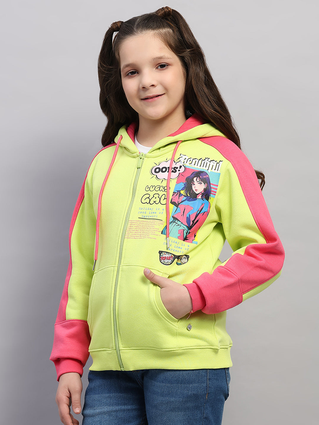 Girls Green Printed Hooded Full Sleeve Sweatshirt